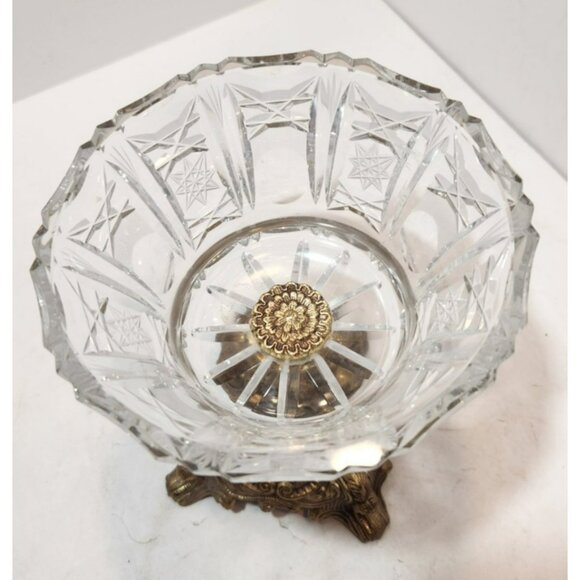 Vtg Cut Crystal Glass Compote w Brass Footed Base Elegant Hollywood Regency - Picture 3 of 16